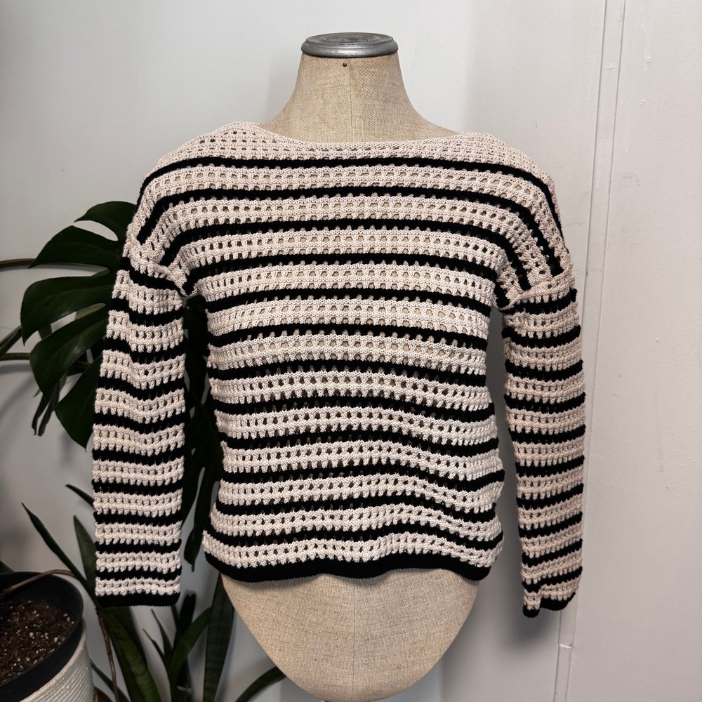 Nine West Crochet Sweater Womens XS Cream Black Striped Open Knit Crew Neck Boho